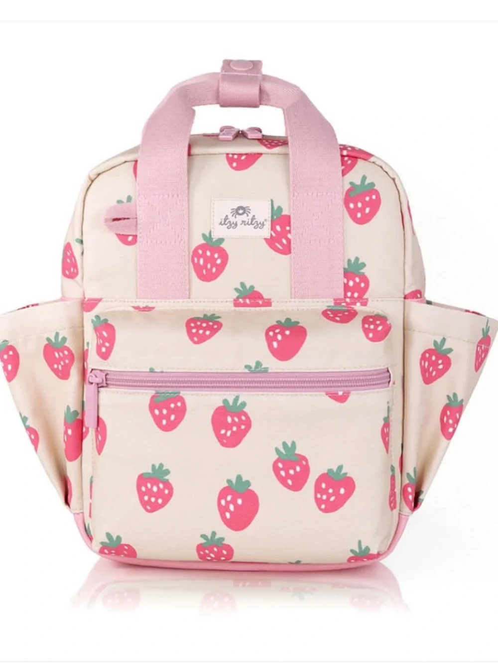 Itzy Ritzy Strawberry Print Kids Backpack - Cream & Pink Like New